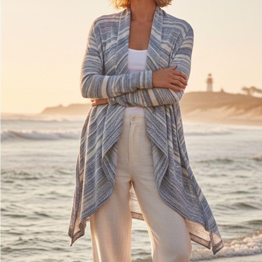 NWOT Anthropologie Knitted & Knotted Blue Striped Waterfall Cardigan Boho Size S